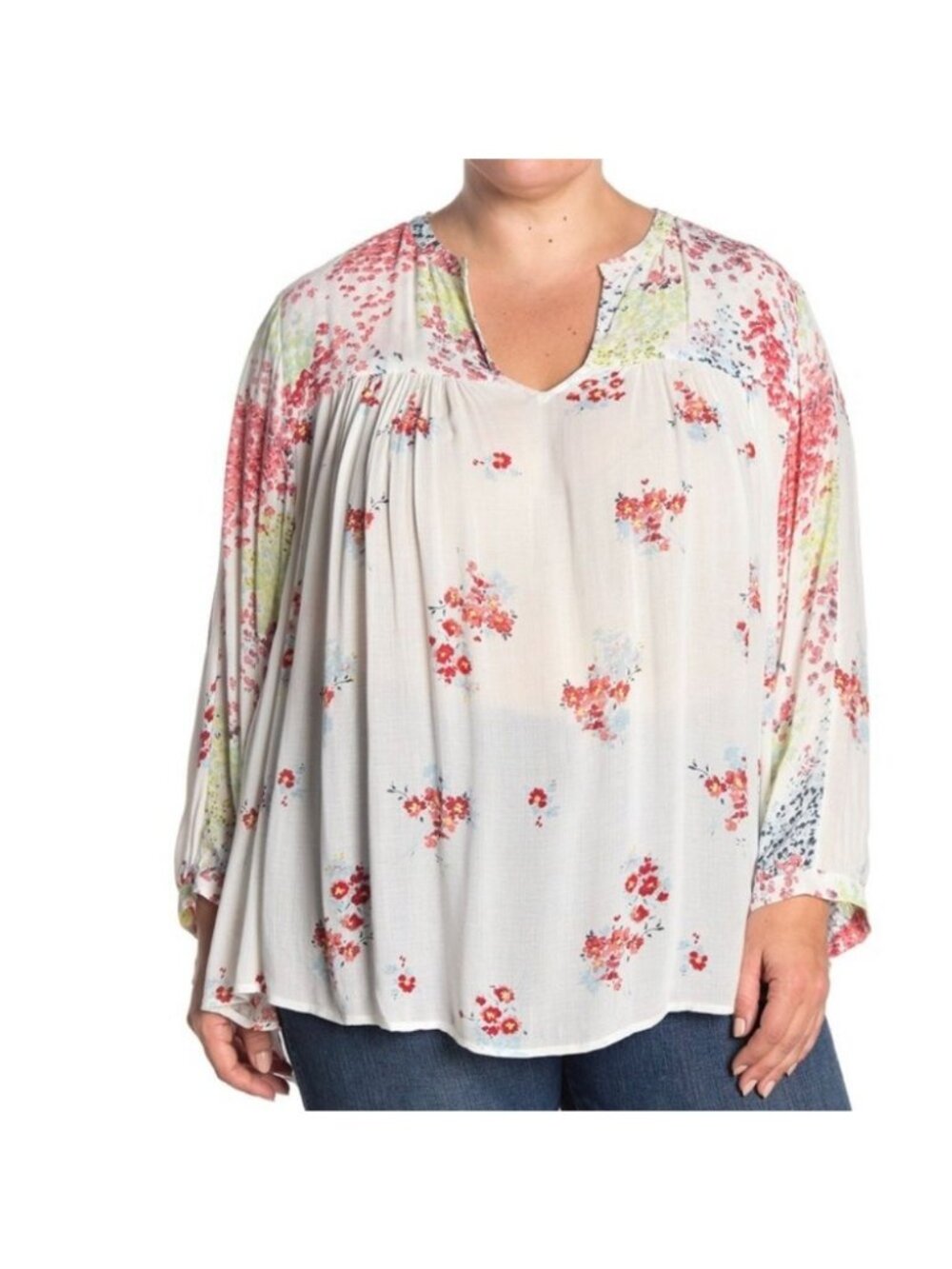 Lucky Brand Blouse Small Floral Gauze High Low White Multicolor Boho Cottagecore